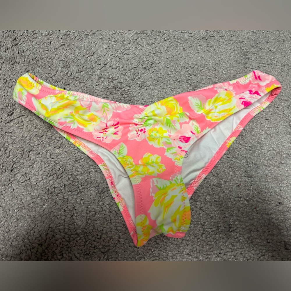 PINK Victoria's Secret Coral Pink Floral Bikini Bottom with Yellow Accents